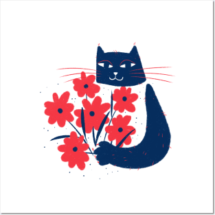 Cute blue cat with red flowers Posters and Art